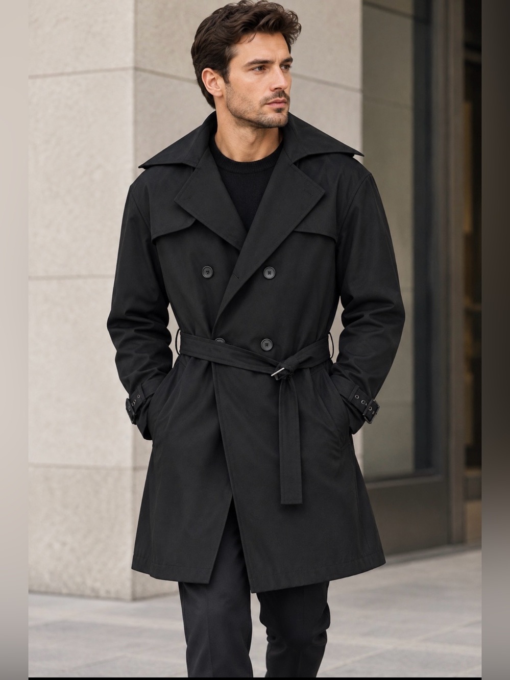 NWT Double-Breasted Black Trench Coat with Belt -